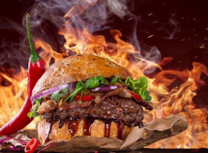 Wallpaper burger, steak, fire, fast food, pepper, 5k, Food 6469817013
